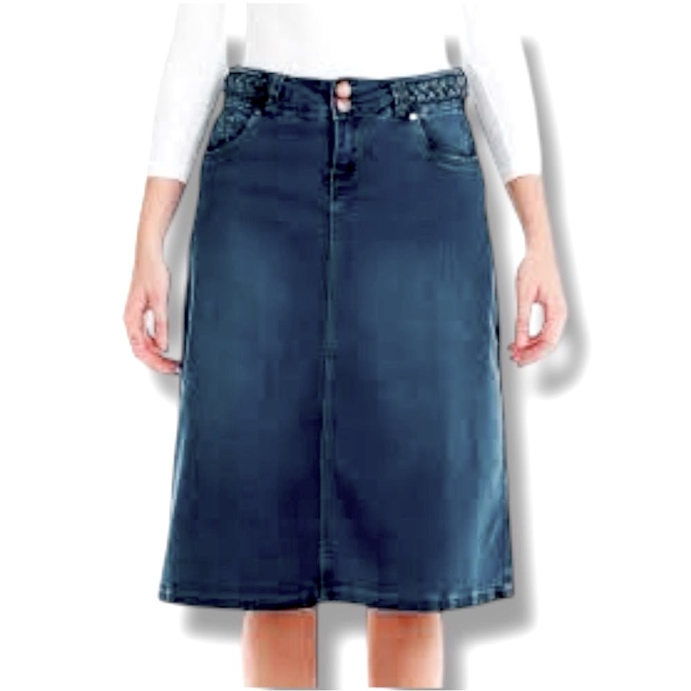 Esteez Jean Skirt Modest Blue A-line Denim Midi Braid Waist Detail Plus Size 16